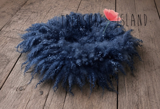 Deep Denim hand felted curly wool blanket with natural sheep curls for newborn and sitter photography