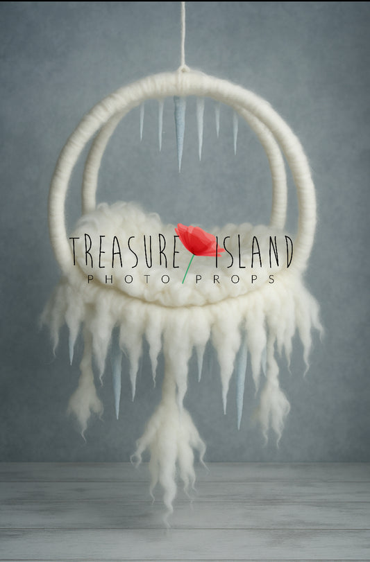 Deluxe felted wool ICE LAND dream catcher newborn photography prop with chunky woven wool blanket