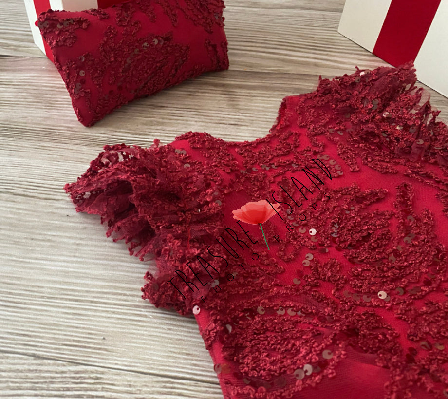 Details of Limited edition burgundy newborn dress and matching pillow with intricate sequin embellishment