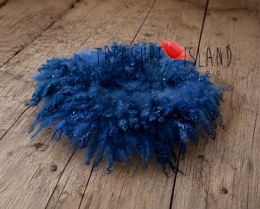 Sapphire Blue hand felted curly wool blanket with natural sheep curls for newborn and sitter photography