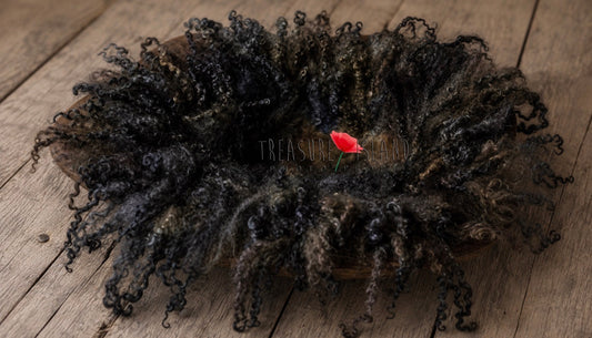 Midnight Smoke black, charcoal and graphite curly wool blanket with natural sheep curls for newborn and sitter photography prop