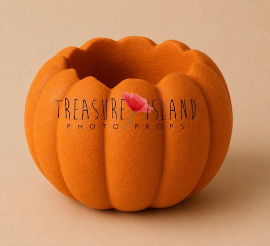 Large handcrafted classic orange styrofoam pumpkin bowl for newborn and sitter photography, lightweight autumn photography prop for harvest, Halloween and Fine Art photo sessions