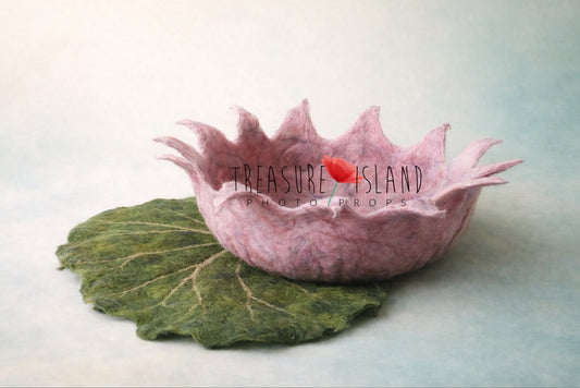 Elowen blush felted floral bowl with large green leaf photography prop