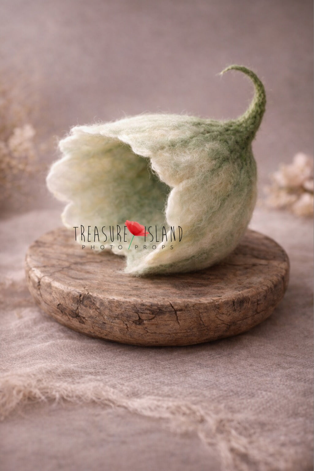 Hand-felted flower bonnet in eucalyptus mint for newborn photography