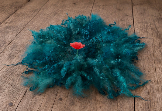 Petrol blue green hand felted curly wool blanket with natural sheep curls for newborn and sitter photography