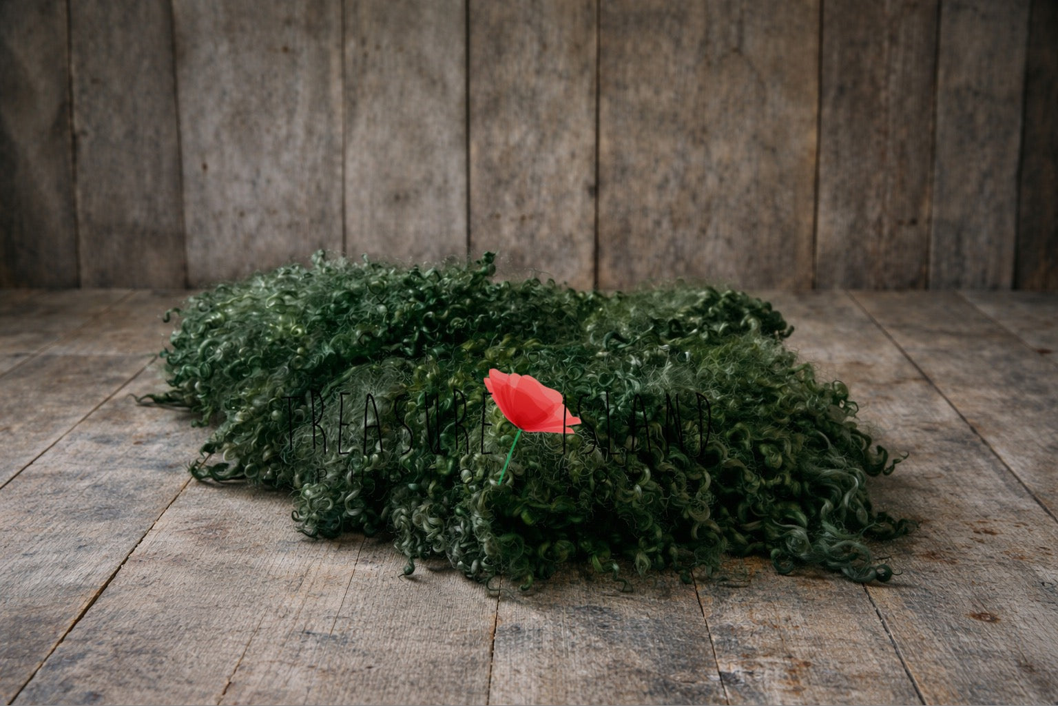 Forest green curly wool newborn photography prop on rustic old wooden floor – textured flokati layer for baby photo session