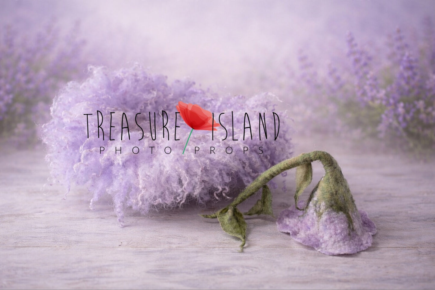 Hand-felted newborn photography set in soft lavender tones – curly wool nest made from natural sheep locks and matching flower bonnet, styled on a pastel background. Treasure Island Photo Props.
