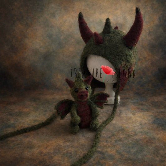 Handmade felted dragon and dragon bonnet newborn photography prop set, wool fantasy baby dragon toy and hat for newborn photo sessions

