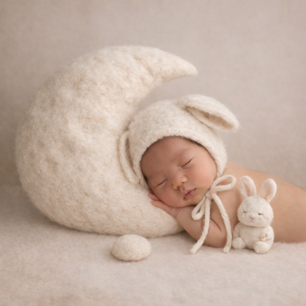 Hand-felted Moon Rabbit newborn photography set featuring a crescent moon pillow, bunny bonnet, miniature rabbit companion and rice cookie, inspired by Asian folklore and moonlit fairytale stories.