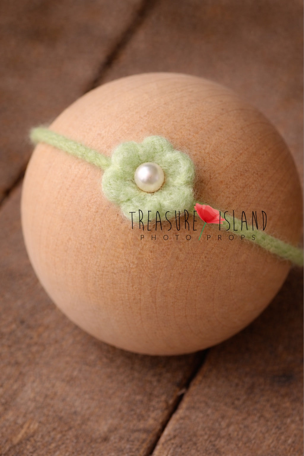 Hand-felted light green flower headband with pearl detail, wool newborn photography prop