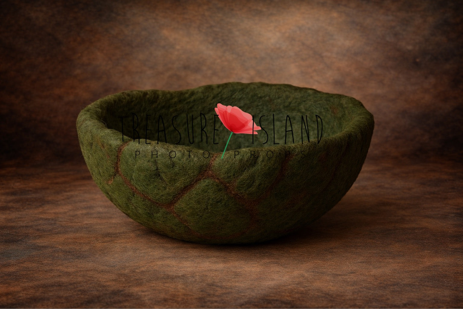 volcanic styrofoam bowl,  green colour,  newborn and sitter photography bowl prop with textured surface on brown fine art studio background