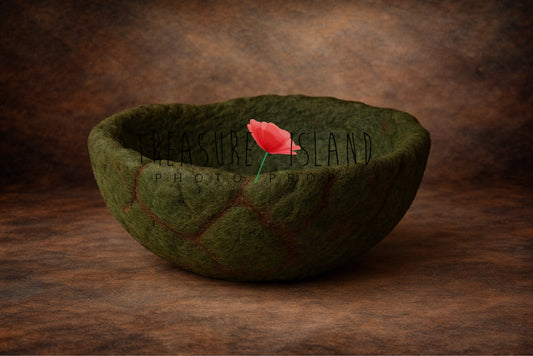 volcanic styrofoam bowl,  green colour,  newborn and sitter photography bowl prop with textured surface on brown fine art studio background