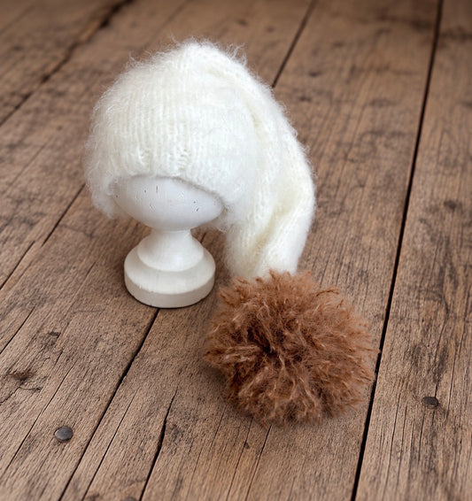 Fluffy Knitted Long Tail Pom Pom Hat - Newborn & Sitter Photography Prop