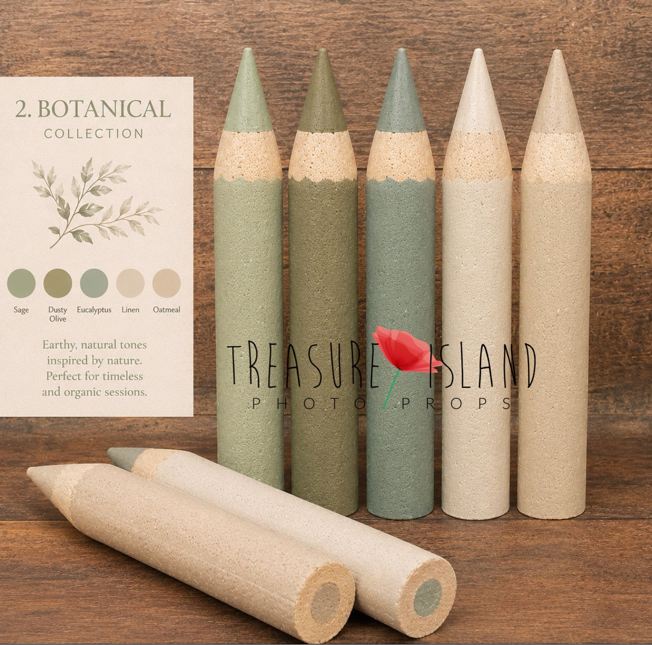 Five  of Botanical Collection handmade styrofoam giant colored pencils in Sage, Dusty Olive, Eucalyptus, Linen, Oatmeal. Back to School photo props for newborn, sitter and cake smash photography. Back to School photography props for newborn, sitter and cake smash sessions.