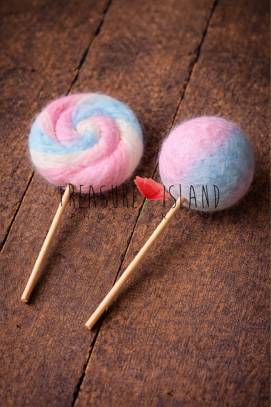 Handmade felt newborn beds in pink and blue, flat swirl and spherical lollipop wool photography props for newborn sessions