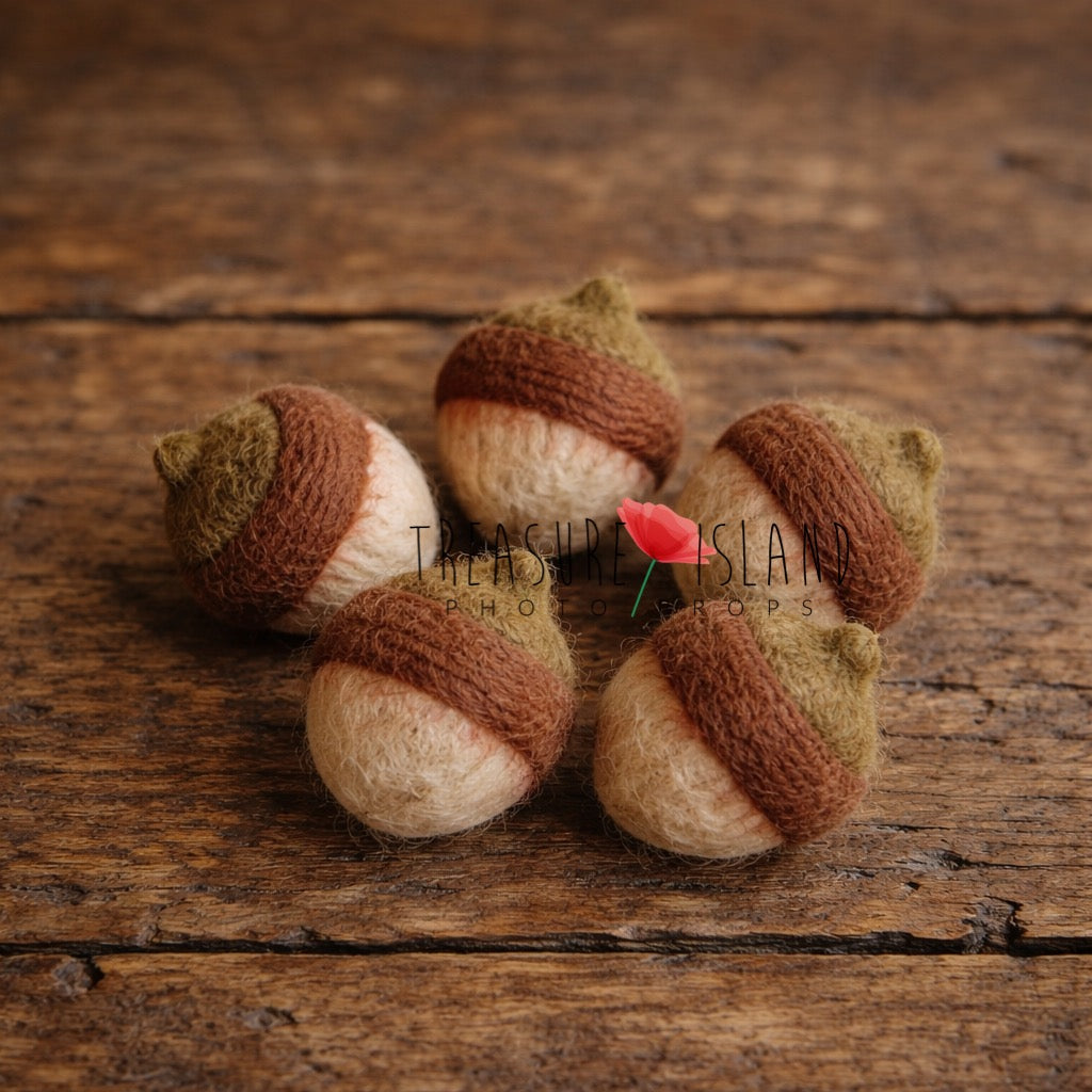 Set of 5 hand-felted hazelnuts made from natural wool, realistic textured shells, newborn photography woodland prop.