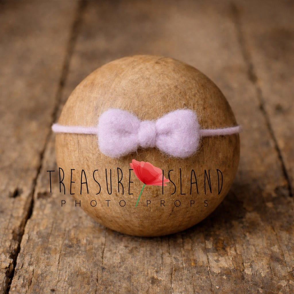 Hand-felted lilac bow headband on wool string, newborn photography prop