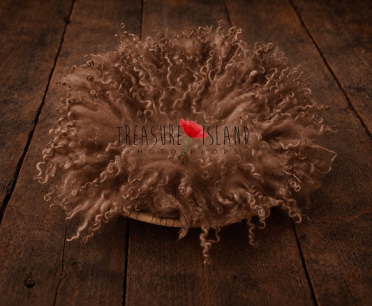 Milk Chocolate hand felted curly wool blanket with natural sheep curls for newborn photographyii