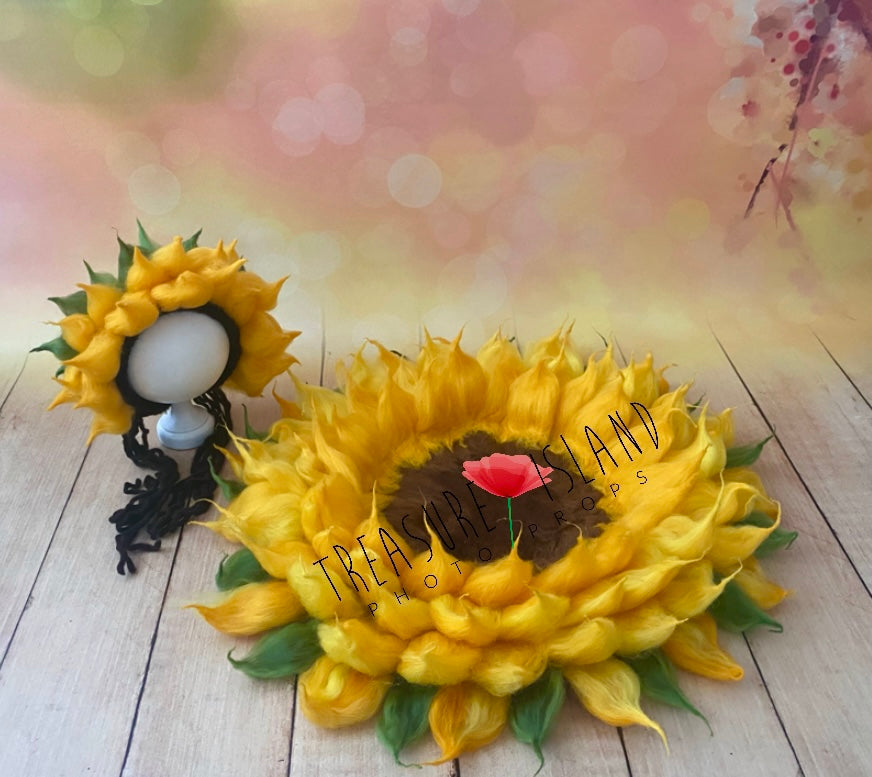 Felted sunflower blanket with matching handmade wool bonnet for newborn photography