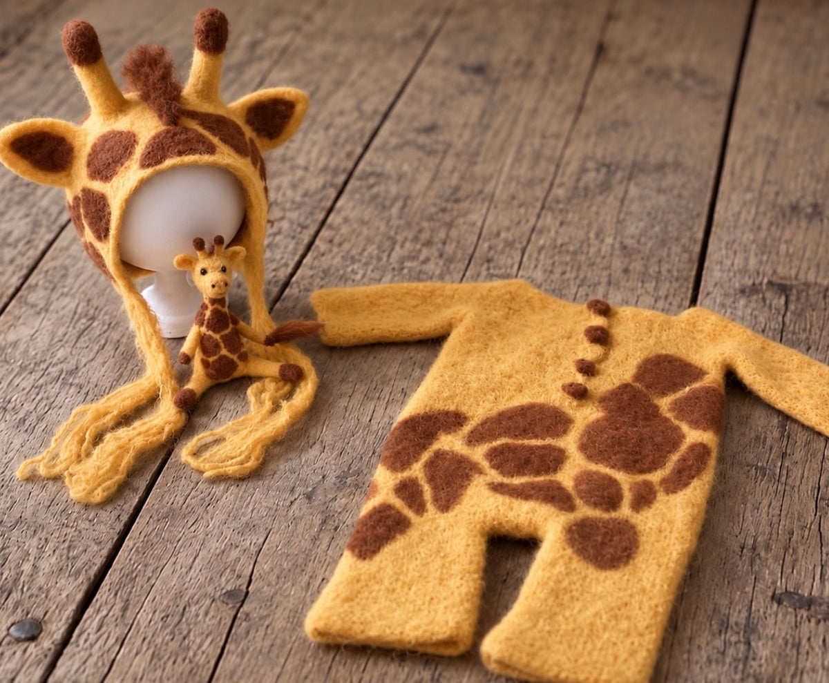 Golden ochre and brown handmade giraffe bonnet, romper and felted toy for newborn and sitter photography