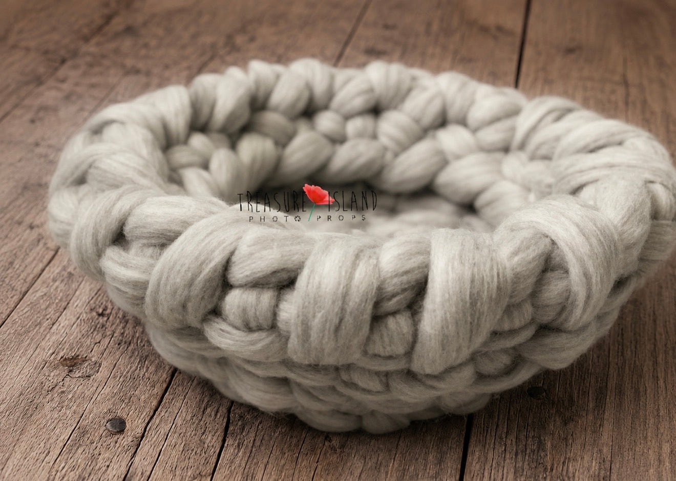 Grey chunky wool nest for newborn photography, hand knitted 50 cm posing nest and textured filler for bowls, baskets and buckets