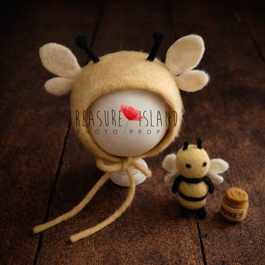Yellow wool Bee Bonnet with felted wings and antennae for newborn photography