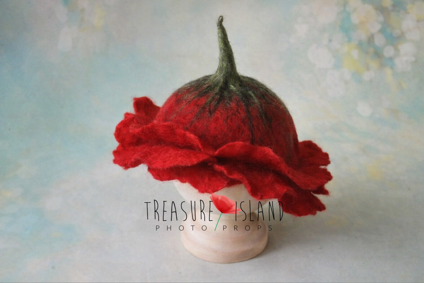 Hand-felted poppy flower bonnet for newborn photography