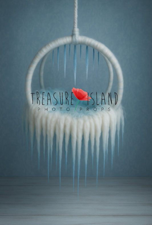 Hand-felted wool ICE LAND dream catcher newborn photography prop with blue and white icicle details