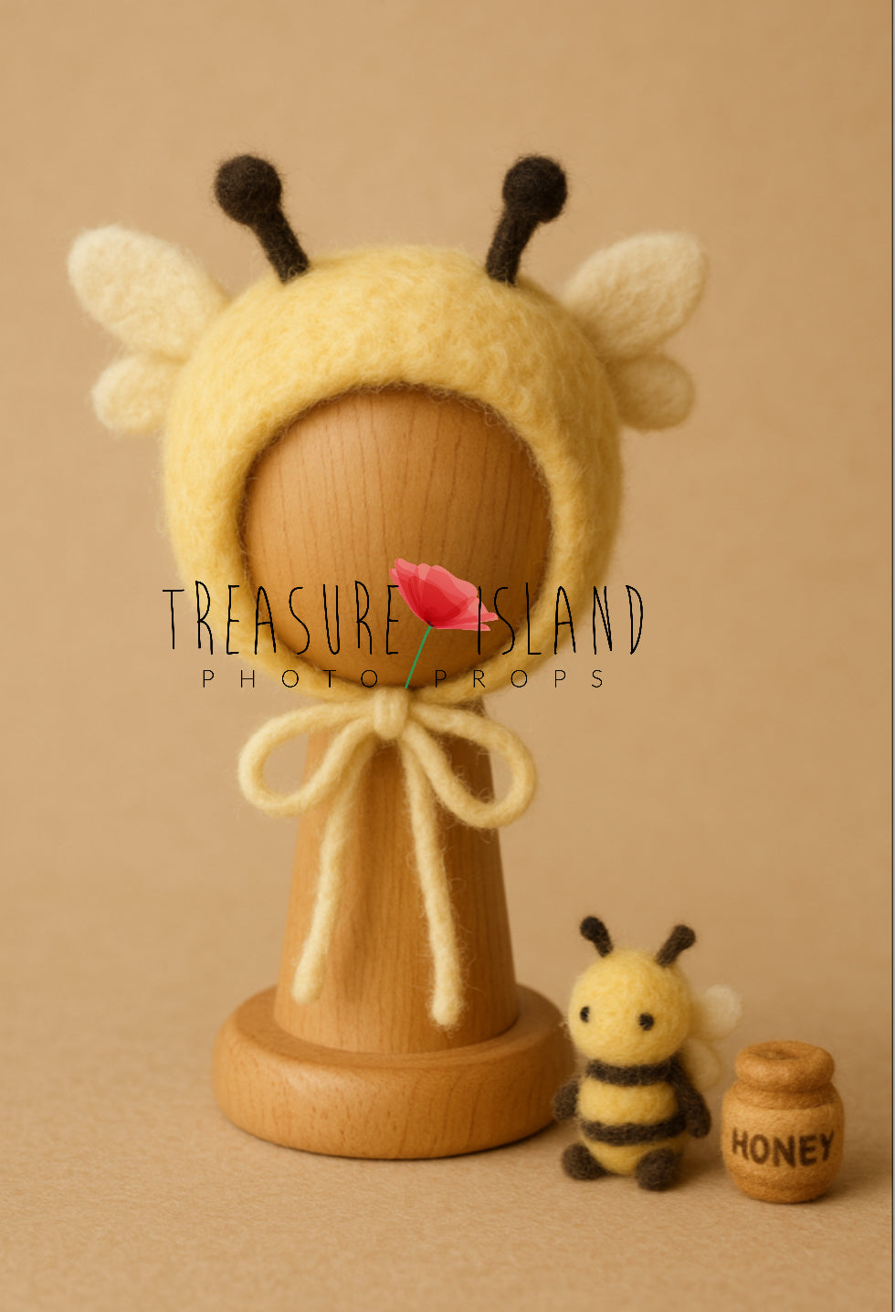 Hand-felted Bee Bonnet Set with mini bee and honey barrel photography props