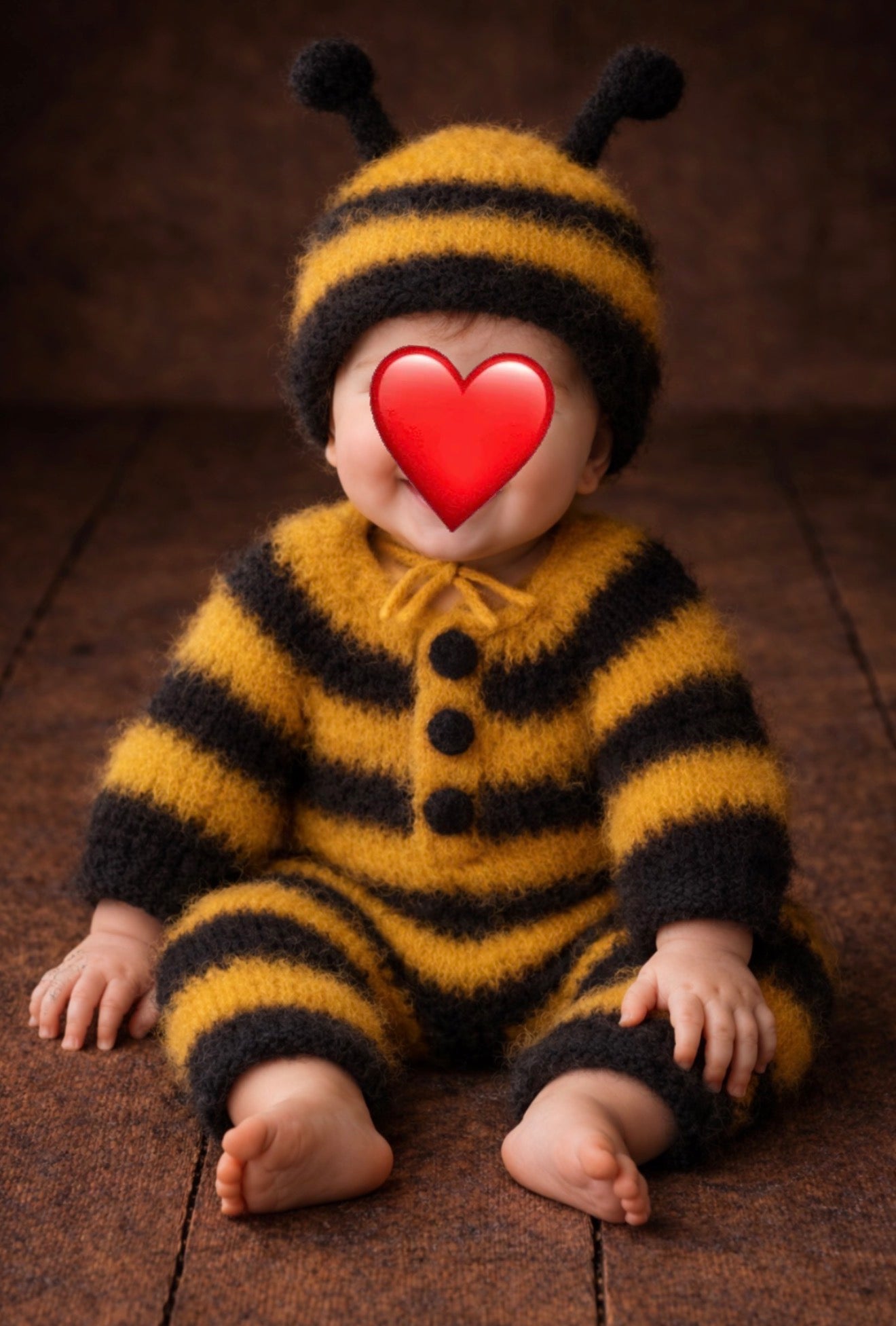 Sitter wearing a knitted bee romper and bonnet during a themed photography session
