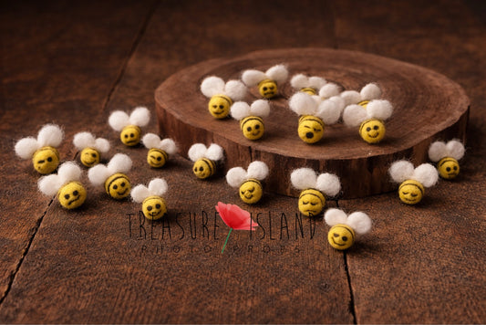 Set of 20 handmade felted mini bees for bee-themed photography setups