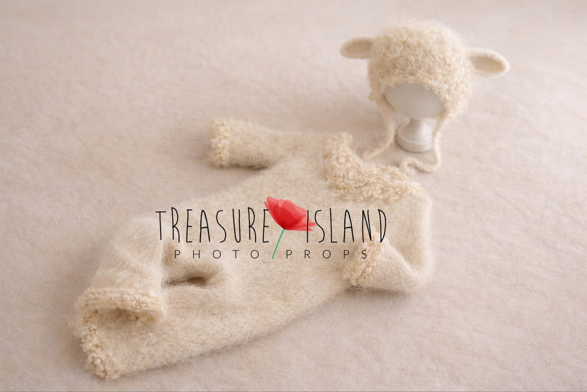 Handmade lamb romper and bonnet set with natural curly sheep locks for newborn and sitter photography