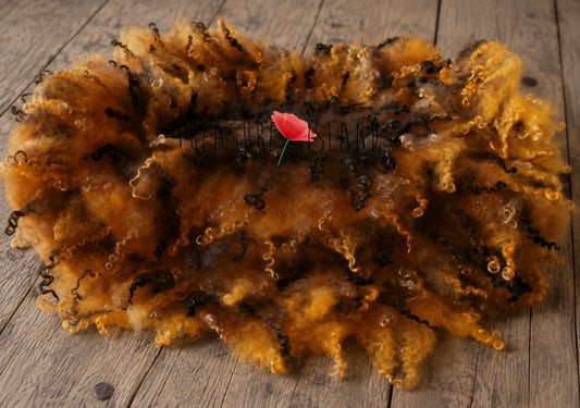 Honey amber curly wool photography blanket with natural sheep locks in golden yellow and chocolate tones