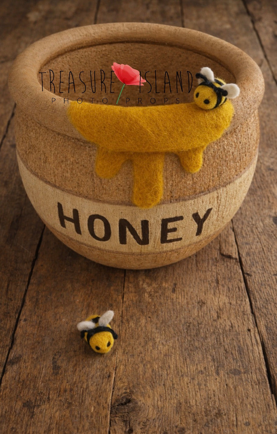 Handmade honey barrel photography prop with felted wool bee details
