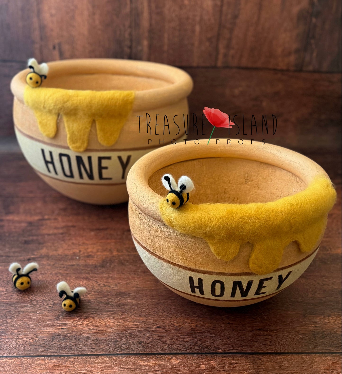 Newborn and sitter size honey barrel photography props with felted mini bees