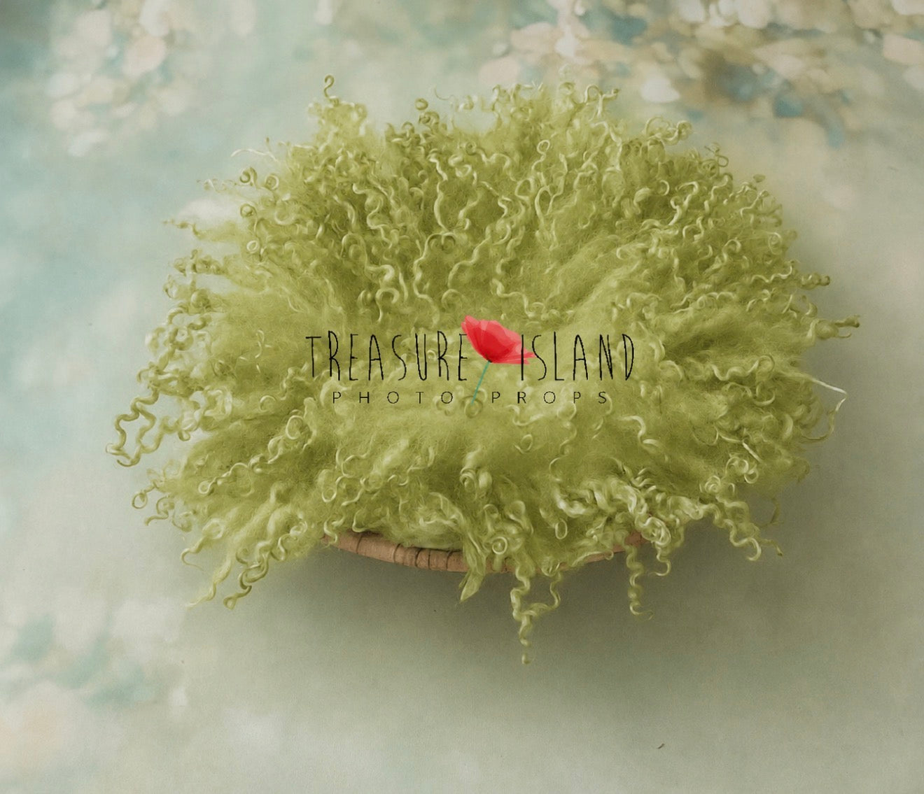 Light-Matcha green curly wool blanket with natural sheep locks, handmade newborn photography prop by Treasure Island Photo Props.