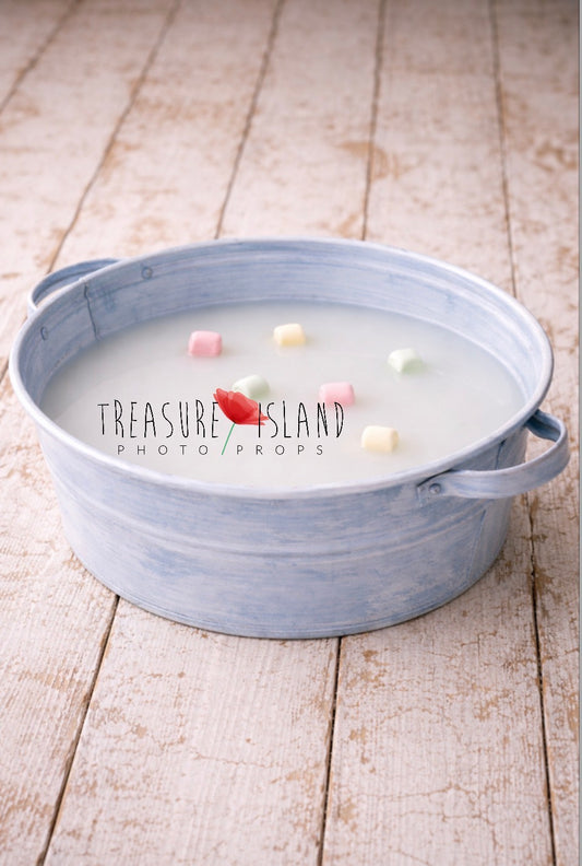 Light blue vintage milk bath bowl with pastel styling