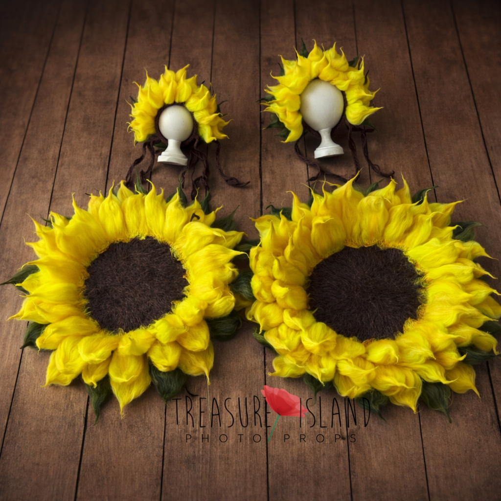 Newborn and sitter sunflower blankets with matching felted bonnets
