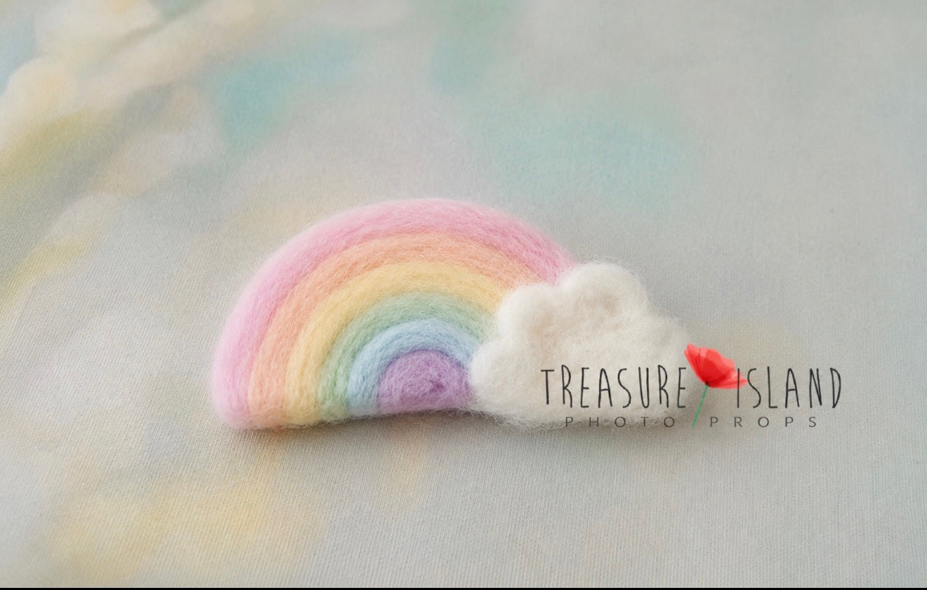 Handmade pastel felted mini rainbow with white wool cloud for newborn photography