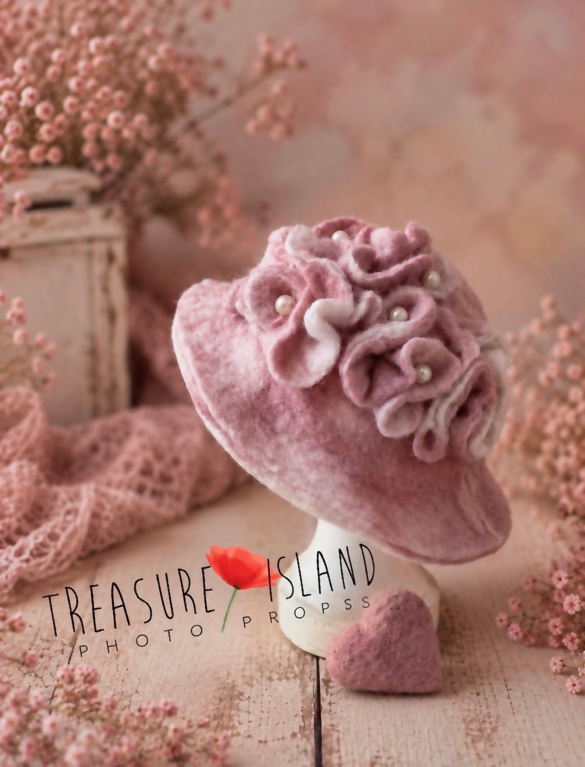 Pink hand-felted floral bonnet with pearl details for newborn and sitter photography