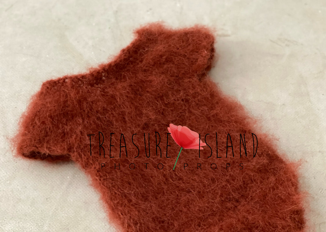 Rust fluffy knitted baby body with short sleeves for photo sessions