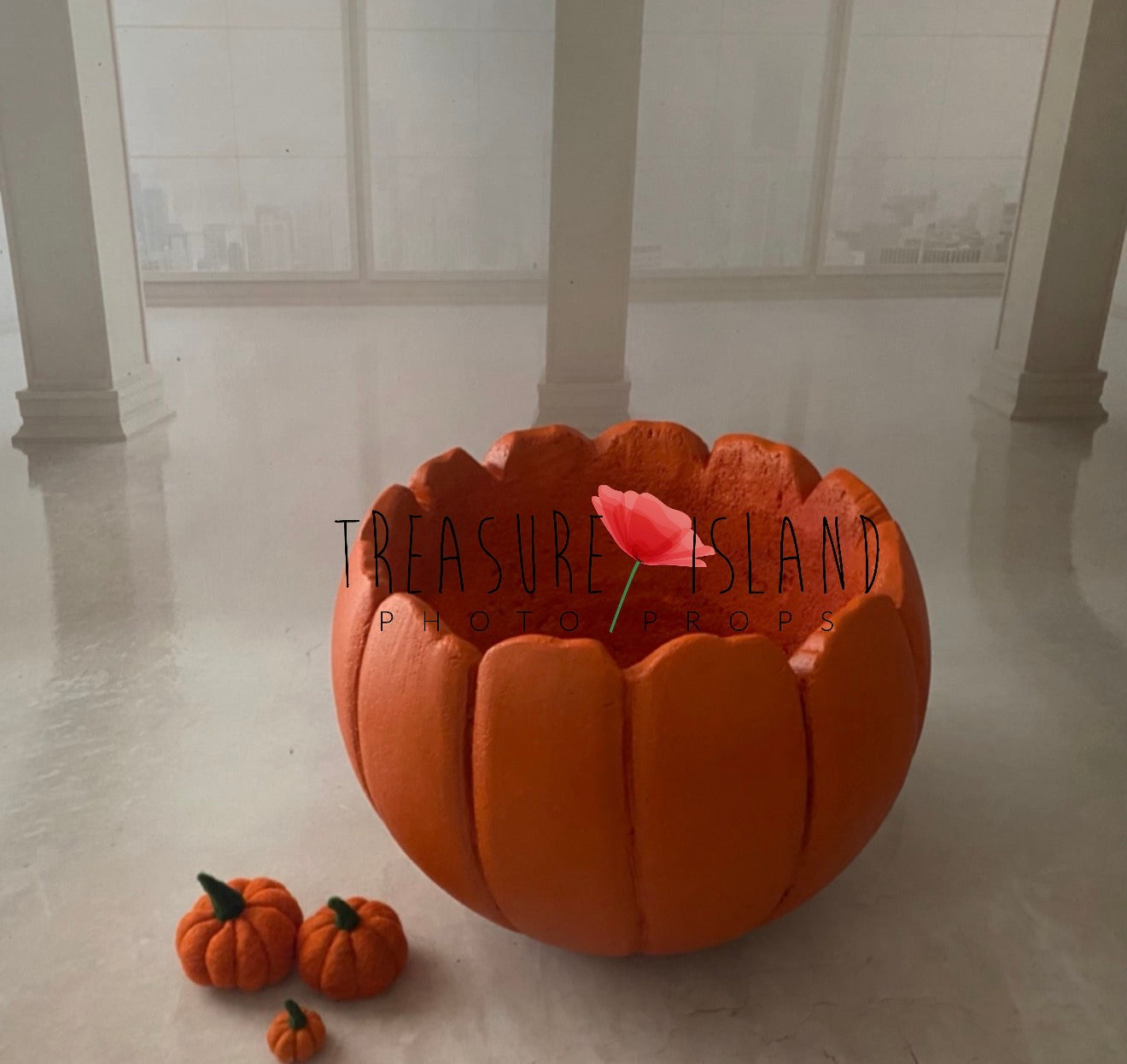 Rustic pumpkin posing bowl in sitter size with three handmade felted mini pumpkins