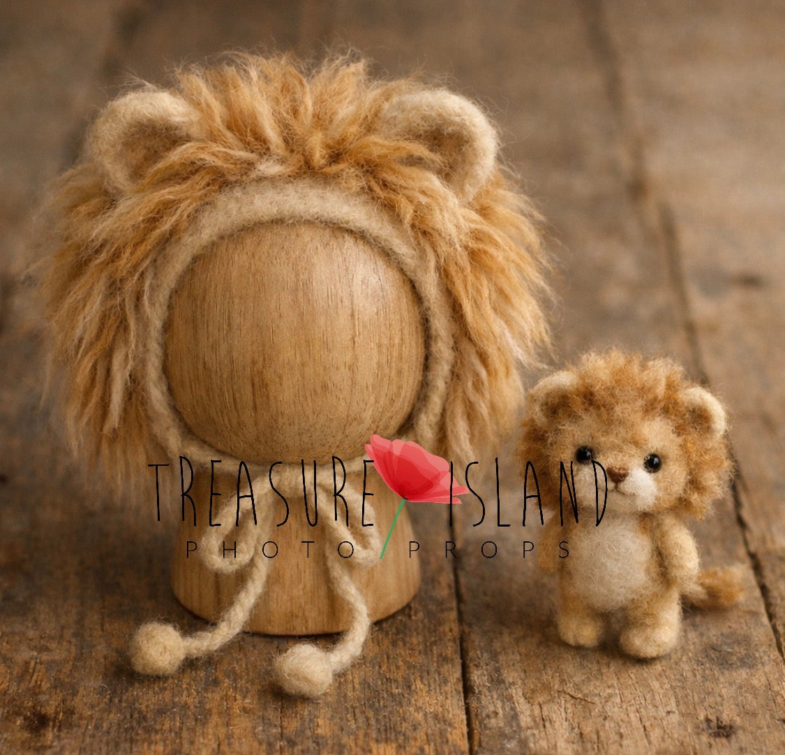 Handmade felted lion bonnet and matching lion prop for newborn and sitter Safari photography