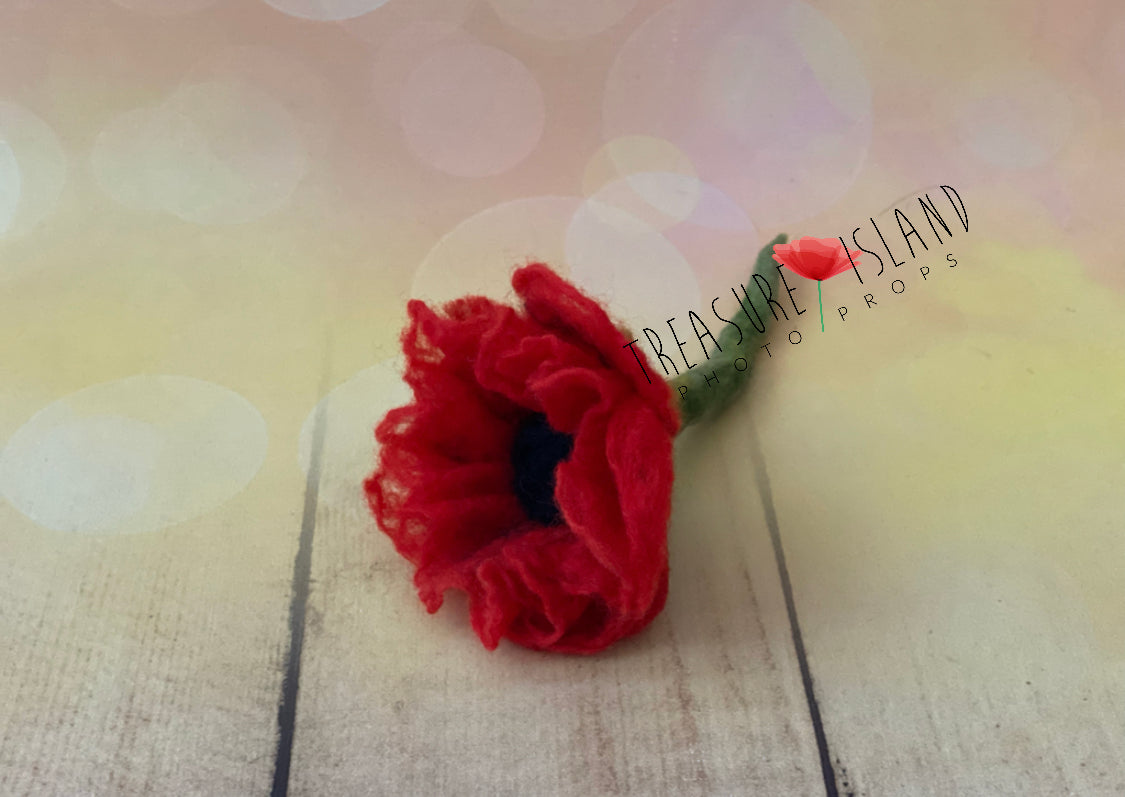 Small hand-felted poppy flower accessory for botanical photography setups