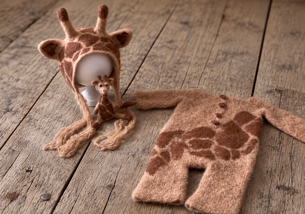 Soft beige and brown giraffe bonnet, handmade romper and felted giraffe toy for newborn and sitter photography