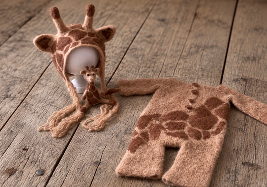 Soft beige and brown giraffe bonnet, handmade romper and felted giraffe toy for newborn and sitter photography
