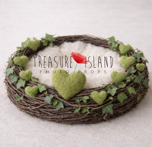 Valentine newborn photography nest with green felted hearts, ivy and soft ivory interior