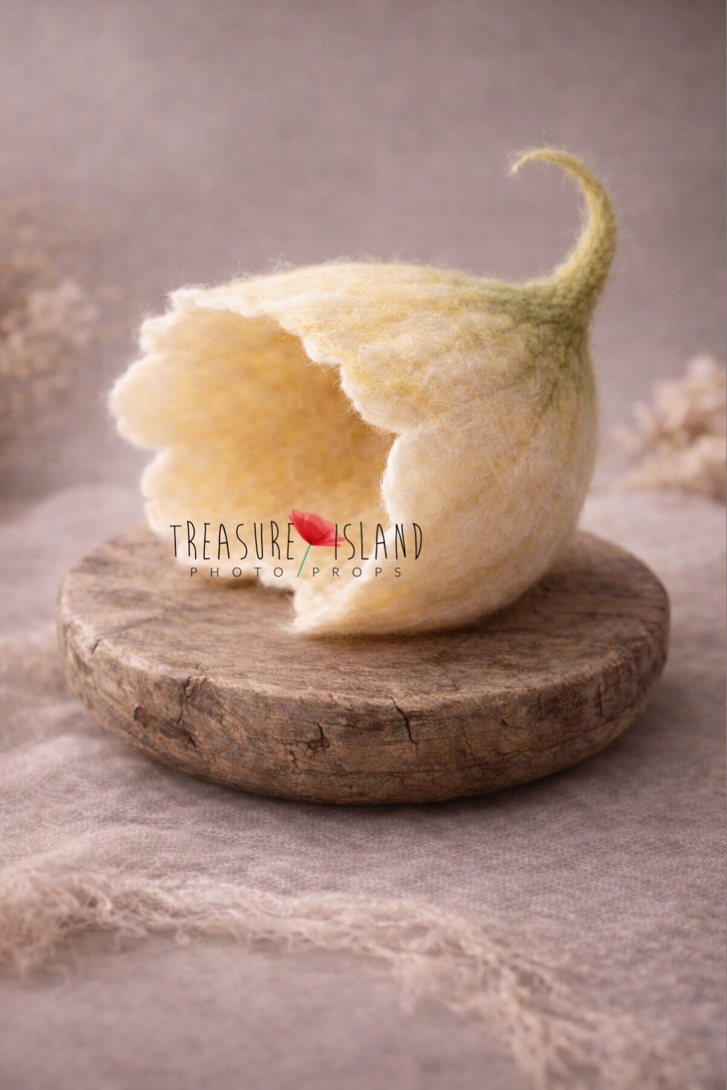 Hand-felted flower bonnet in vanilla for newborn photography