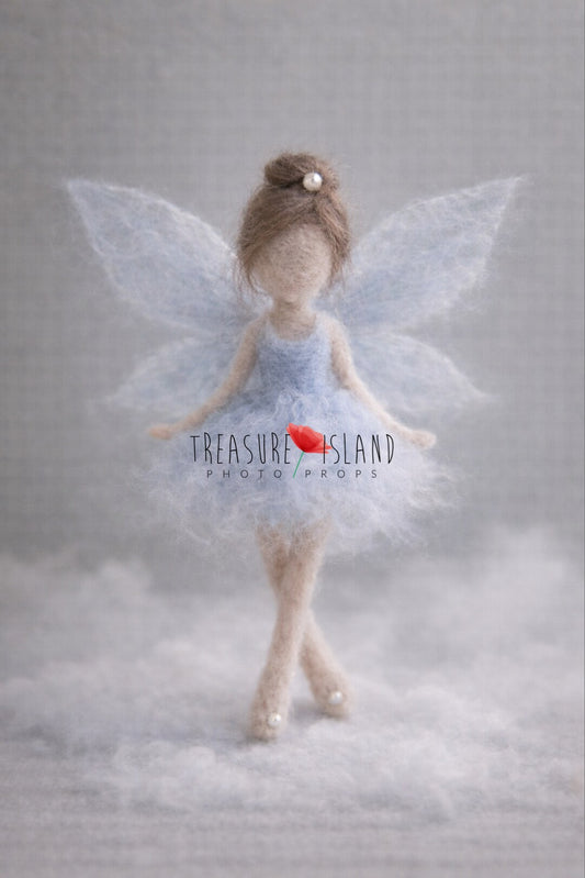 Aeris Sky Fairy hand-felted in soft blue wool with delicate wings for newborn photography