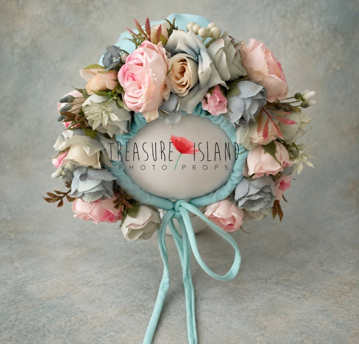 Aqua and blush floral bonnet with pink, dusty blue and ivory artificial flowers for newborn and sitter photography